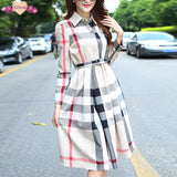 Women's Knee Length Plaid Dress with Long Sleeves