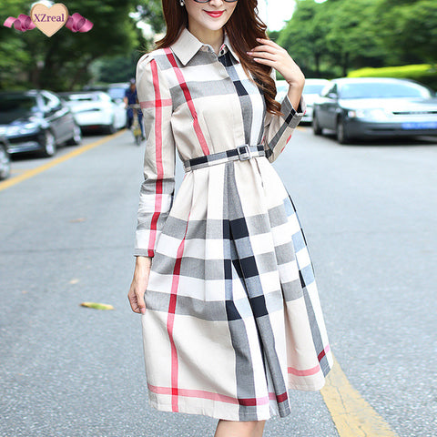 Women's Knee Length Plaid Dress with Long Sleeves