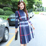 Women's Knee Length Plaid Dress with Long Sleeves